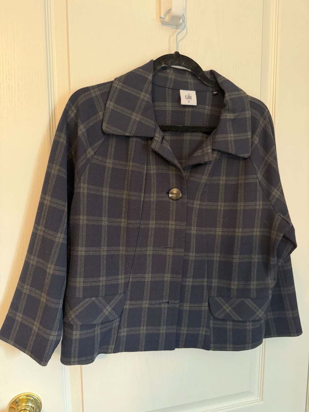 Cabi Connery Navy Blue Plaid 3/4 Sleeve Cropped Jacket Medium
